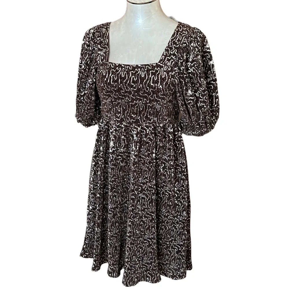 Moon River Anthropologie Womens Sequin babydoll cocktail dress square neck …